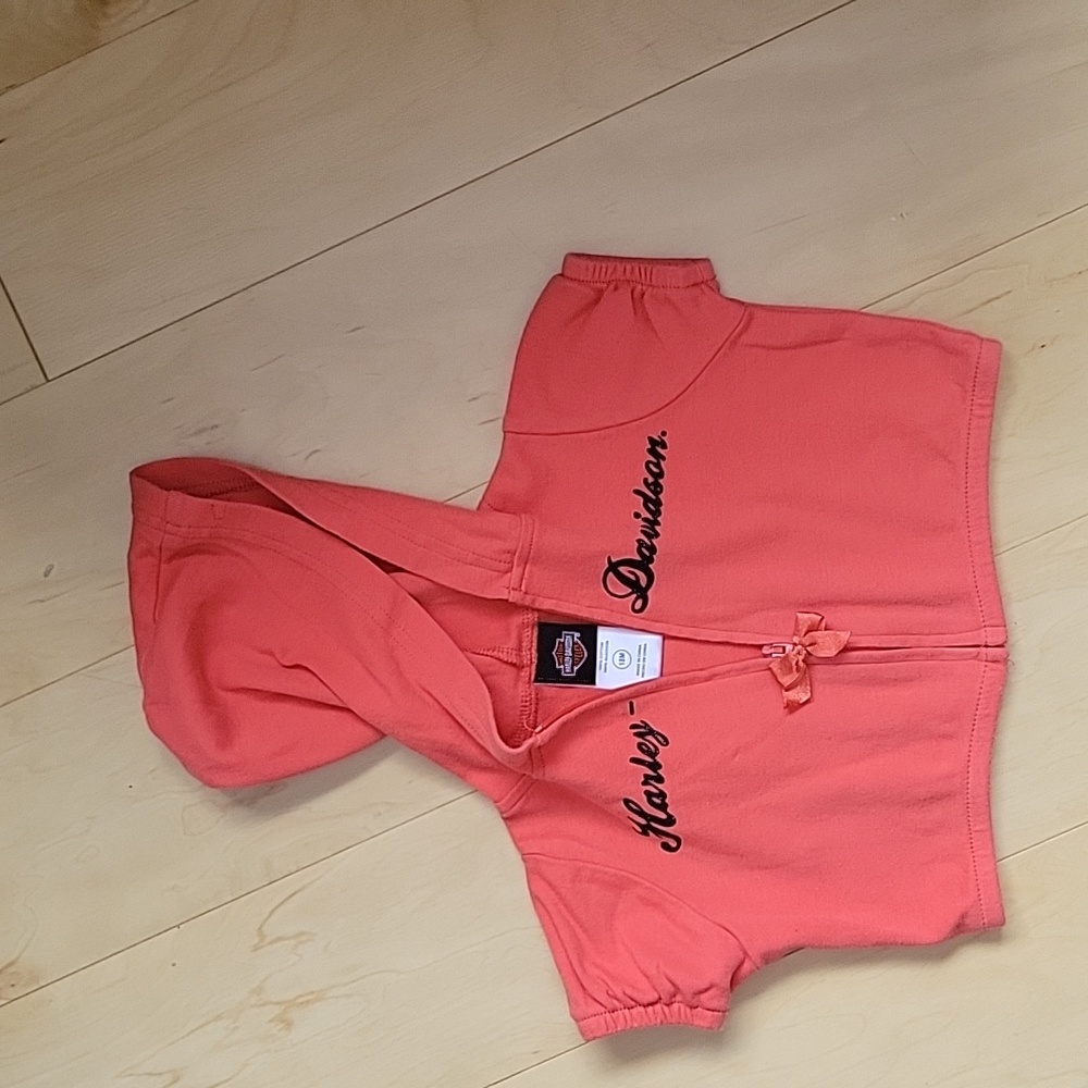 Harley Davidson half hoodie, front zipper, short sleeve. 18 months, orange/black